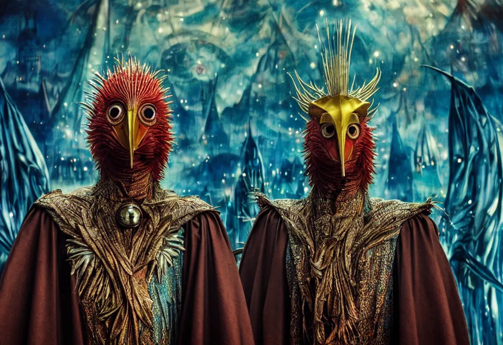 Prompt: realistic detailed portrait movie still of a birdman wearing dark robes, sci fi city landscape background by denis villeneuve, amano, yves tanguy, alphonse mucha, ernst haeckel, max ernst, ridley scott, roger dean, masterpiece, rich moody colours, cinematic, snarling dog teeth