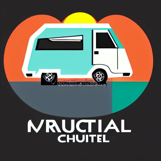 Image similar to minimal professional vector logo featuring a white and black cute thor chateau motorhome camper!, highway, mountains and sunset!!, very happy, professional colorful simple logo vector art