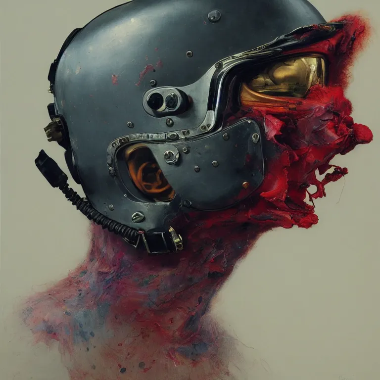 Image similar to hyperrealistic detailed higher angle portrait of a character in fighter pilot helmet, fighter jets, rich deep colors, ultra detail, by francis bacon, james ginn, petra courtright, jenny saville, gerhard richter, zdzisaw beksinski, takato yamamoto. masterpiece, elegant fashion studio ighting 3 5 mm