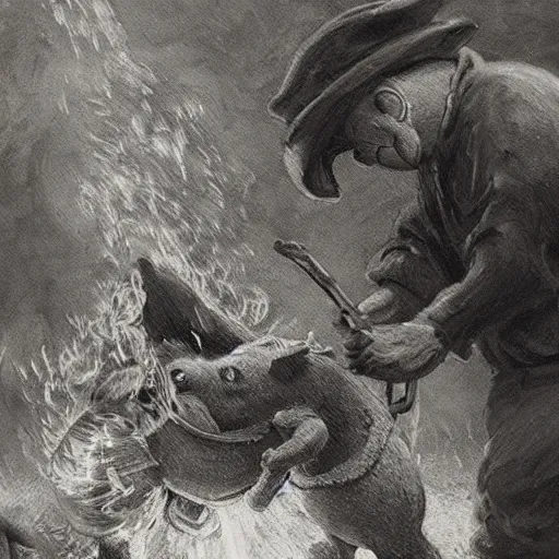 Image similar to close up of winnie the pooh spit roasting a whole pig over a fire, cinematographic shot, by daniel f. gerhartz