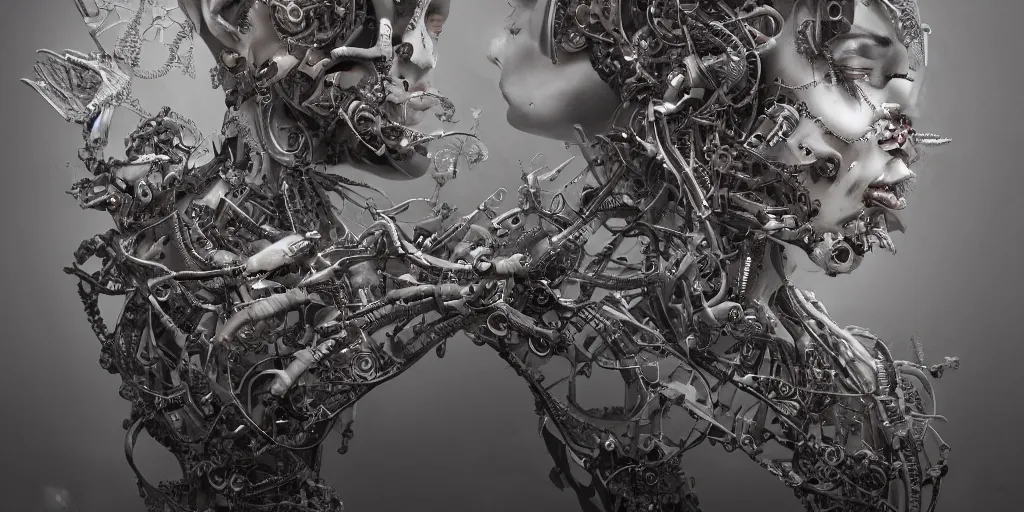 Image similar to hyperrealistic photography of a highly detailed and symmetrical gorgeous cyborg female deconstructing a poetry machine in the style of beth cavener, jin kagetsu, james jean and wlop, highly detailed, face symmetry, masterpiece, award - winning, sharp focus, intricate concept art, ambient lighting, 8 k, artstation