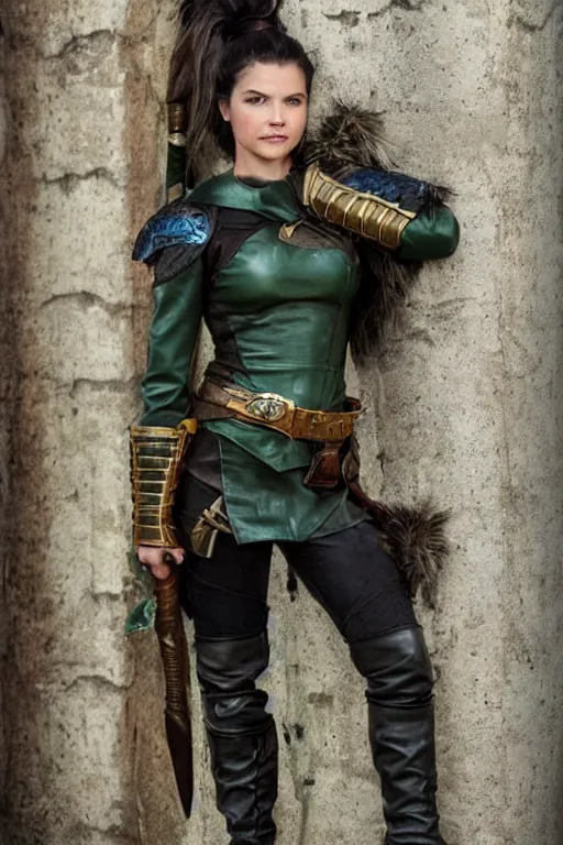 Image similar to fantasy character photo. female ranger. danielle campbell. brown dark forestgreen leather armor. jaunty, tilted, light - green, feathered little hat. black hair in ponytail. bright blue eyes. facial expression of manic obsessive love. leaning against the exterior wall of a tavern