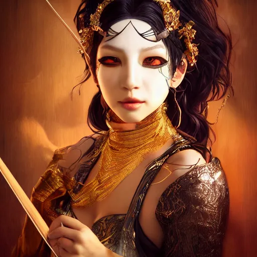 Image similar to the portrait, masked female violinist, exotic costumes, gold jewelry, black hair ， illustration by wenjun lin, irakli nadar, bright colors, octopath traveler, wenjun lin, unreal engine 5 highly rendered, global illumination, radiant light, detailed and intricate environment