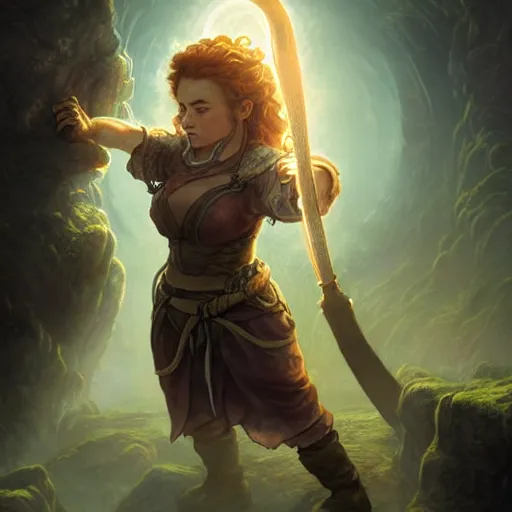 Image similar to full body portrait of a female halfling hobbit monk fistfighter warrior, communing with her goddess of mist and light, flowing robes and leather armor, detailed dynamic light painting by albrecht anker and peter mohrbacher