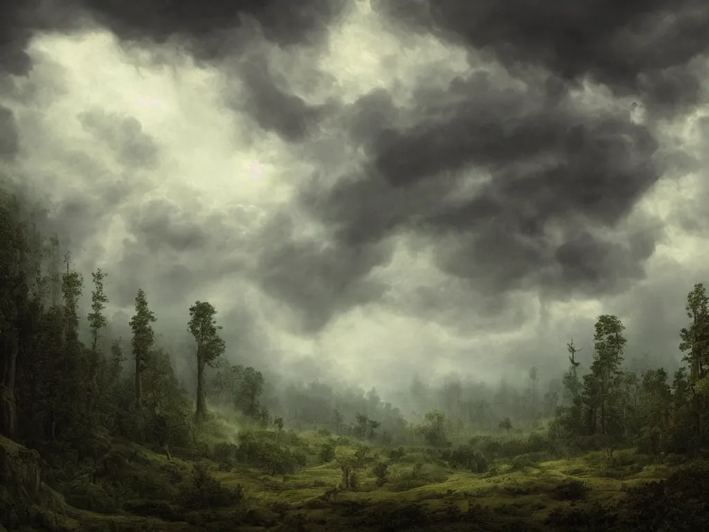 Image similar to detailed landscape, forests. very detailed dark super storm, hyper realistic clouds, impressive, magical, very atmospheric, smoke boiling, cinematic, deep, very high complexity, stunning, masterpiece, chiaroscuro, in the style of caspar david friedrich, very detailed. 4 k