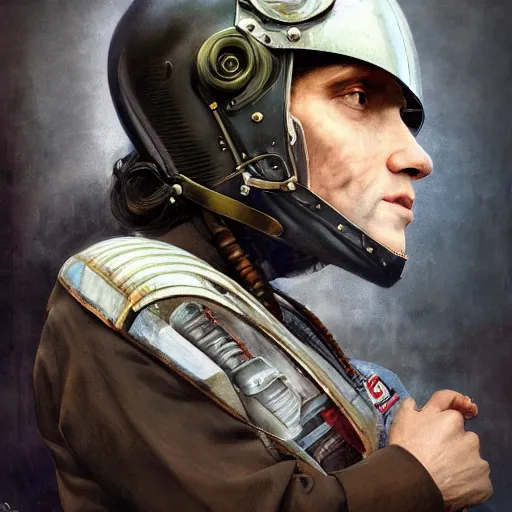 Image similar to a portrait of 1 9 2 0 man in a vintage racing helmet by sandra chevrier, detailed render, epic composition, cybernetics, 4 k realistic, cryengine, realistic shaded lighting, sharp focus, masterpiece, by matteo scalera, gary montalbano, peter elson in the style of the tokyo ghost comic