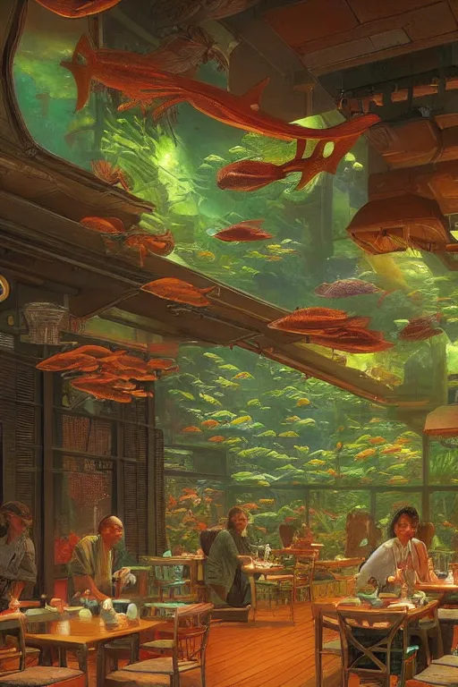 Prompt: an aquarium in an asian restaurant by, tim hildebrandt, wayne barlowe, bruce pennington, trending on artstation, cinematic composition, simple detail. greenish lighting,, 8 k, oil on canvas