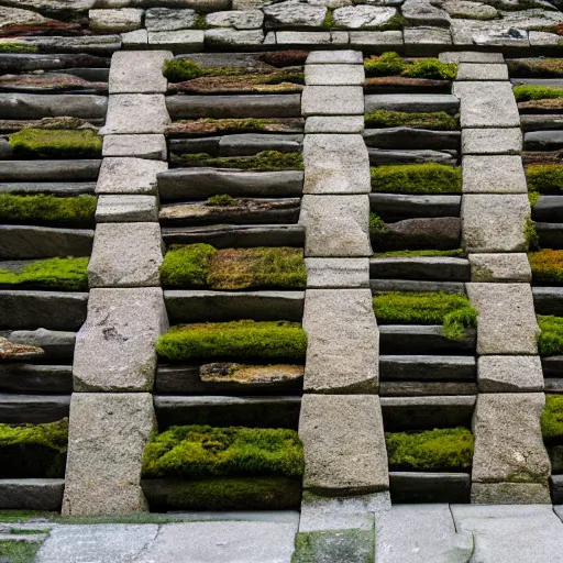 Prompt: many horizontal slabs of stone. moss grows between the layers. A stone building facade with many floors.