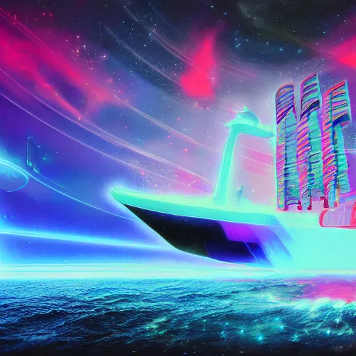 Image similar to electric neon sheep merged with a giant ship in space, oil painting, highly detailed, sharp smooth focus, art by Victor Safonkin, 8k wallpaper