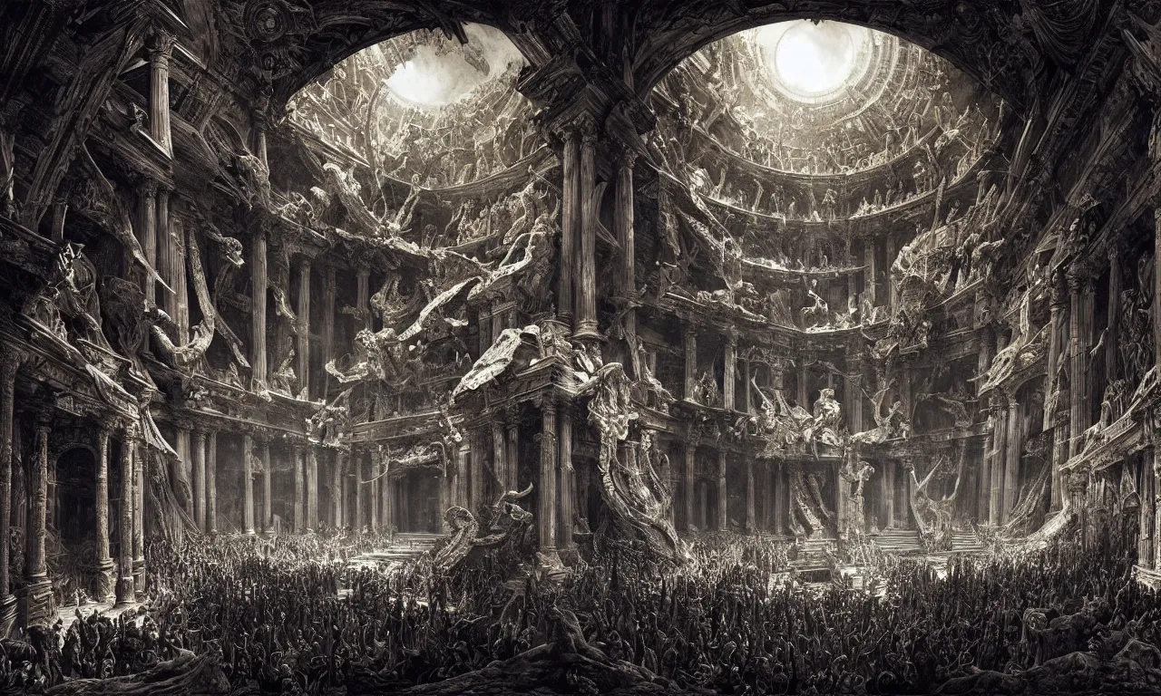 Prompt: A Spectacular IMAX View of the Infernal Court of the Kings of Hell, art by Gustav Dorê and Marc Simonetti and Giovanni Battista Piranesi