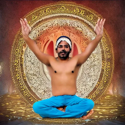 Image similar to bad photoshop of an indian man on a flying carpet singing alladin