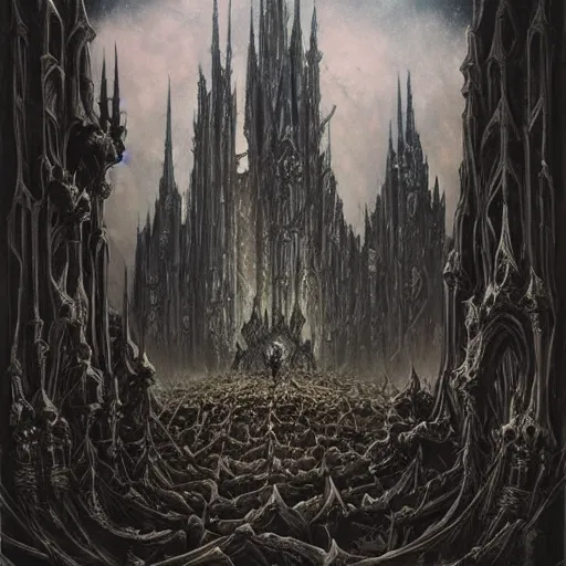 Image similar to a dark gothic castle made of skulls and bones and skeletons, tall spires, epic nebula, Dan Seagrave art