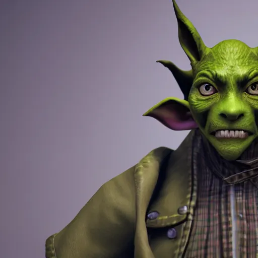 Image similar to medium portrait of a goblin, green skin, high collar, fashionable jacket, ffxiv, final fantasy 1 4 screenshot, octane render, 8 k, fantasy, rule of thirds, sharp focus