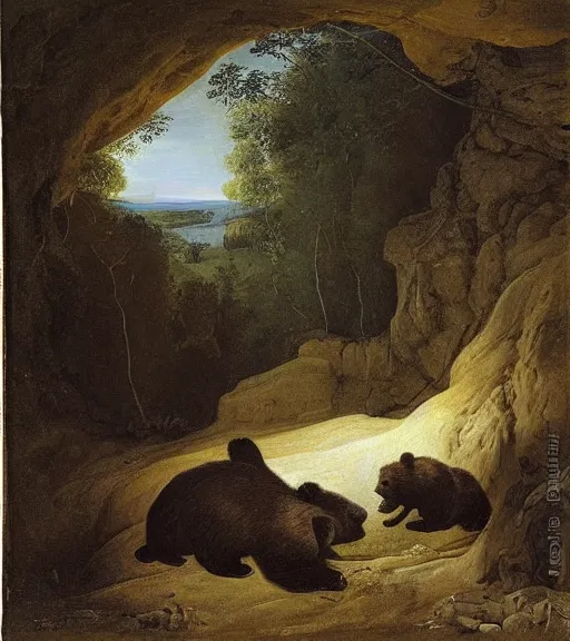 Image similar to viewer looking into dark cave and seeing a mother bear and her cubs sleeping, night time, artwork by Pieter Claesz, impressionism