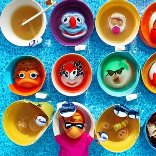 Image similar to a swimming pool filled with noodle soup! with muppets