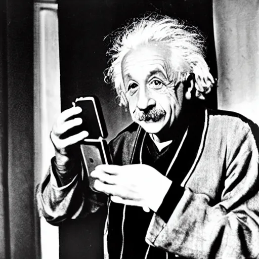 Image similar to a professional picture of albert einstein holding a phone