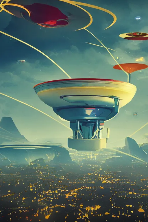 Image similar to bauhaus art style poster of a flying saucer invasion, vivid colors, high details, cinematic, 8k resolution, beautiful detailed, photorealistic, digital painting, artstation, concept art, smooth, sharp focus, illustration, fantasy background, artstation trending, octane render, unreal engine