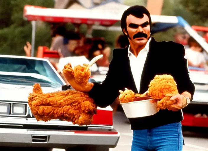 Image similar to film still of burt reynolds holding a bucket of fried chicken in cannonball run 1 9 8 2