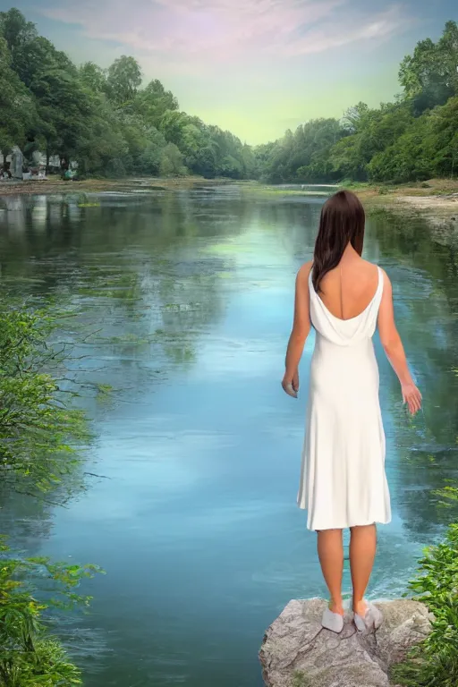 Image similar to a beautiful woman looking to the right side wearing a white dress, river in the background, serene scene, soft lighting, complementary colors, anatomically correct, five fingers, matte painting, centered, symmetrical, low contrast, heaven, path traced, highly detailed, high quality, 4 k, hyperrealistic, soft colors, beautiful landscape, realistic and defined face