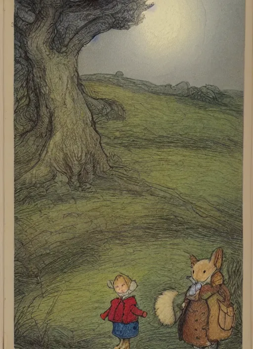 Image similar to transitioning from day to night, surrounded by light clouds, landscape, illustrated by peggy fortnum and beatrix potter and sir john tenniel