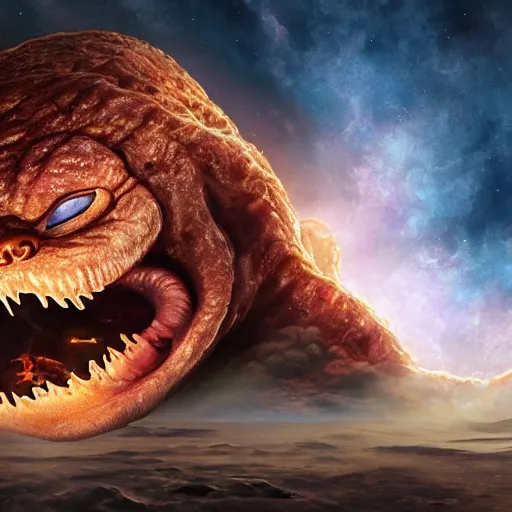 Image similar to eldritch horror bloody garfield in space, hd, 8 k, giant, epic, realistic photo, unreal engine, stars, prophecy, powerful, cinematic lighting, destroyed planet, debris, violent, sinister, ray tracing, dynamic, epic composition, dark, horrific, teeth, grotesque, monochrome drawing, hellscape