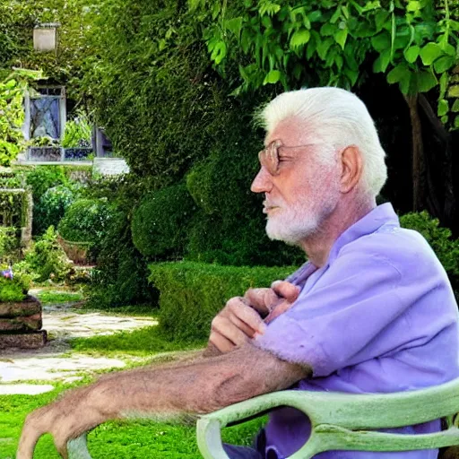 Image similar to mid white hair old man with green shirt and white short, sitting in ile de re house garden, still from purple noon