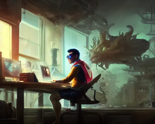 Image similar to an insanely detailed painting of a nerdy asian man wearing a superhero costume, sitting at a desk, staring at the nervously at the computer and typing, in the style of peter mohrbacher, dramatic lighting and composition, octane render, pixar, trending on artstation, concept art, comic book, view from behind