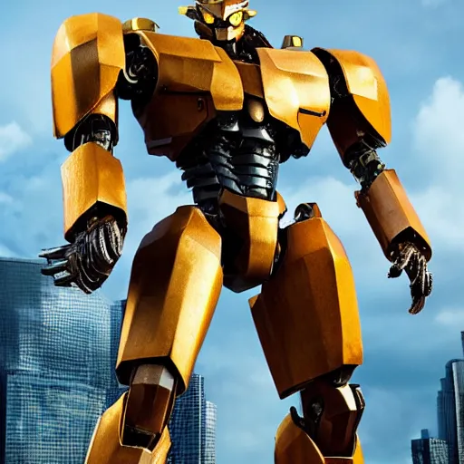 Prompt: a long shot photography of a jaeger which based on the concept of a male lion, gold, with tail, animal style head, in the style of the movie pacific rim, detailed, 4k