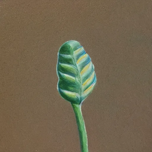 Image similar to detailed painting of a single small seed sitting on loose fresh earth, breaking open to reveal the cotyledon. muted colors and natural tones.