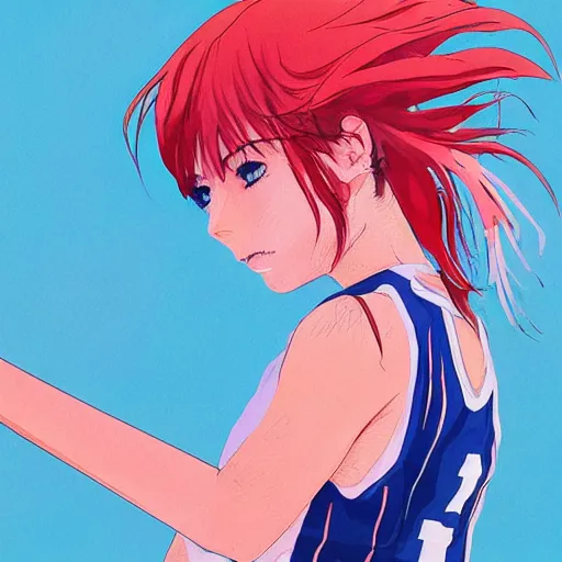 Image similar to anime portrait of young girl playing basketball at the beach by Conrad Roset