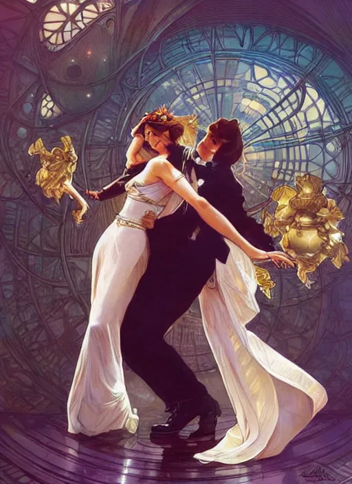 Image similar to an elegant couple, a man and a woman, dance together at a space themed ball. beautiful highly detailed faces. painting by artgerm and greg rutkowski and alphonse mucha.