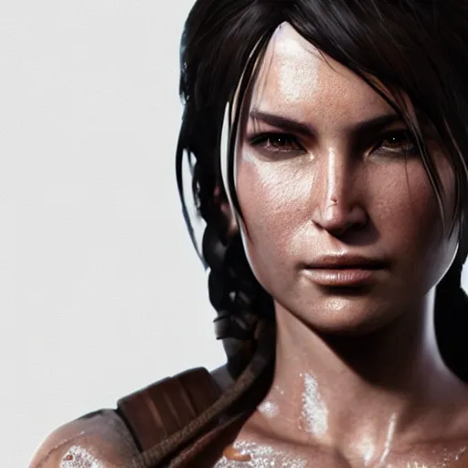 Prompt: Lara croft as samurai , wet face , heavy rain ,dramatic, intricate, highly detailed, concept art, smooth, sharp focus, illustration, Unreal Engine 5, 8K