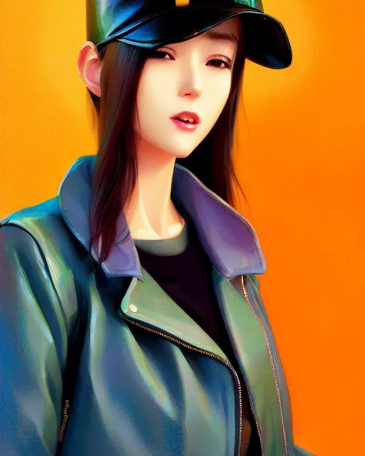 Image similar to mango girl wearing a candy hat and leather jacket, fine detail!! anime!! realistic shaded lighting!!, kim hyun joo, digital painting by ilya kuvshinov, magali villeneuve, artgerm, jeremy lipkin and michael garmash and rob rey