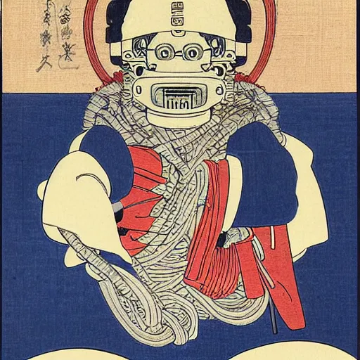 Prompt: a ukiyo-e portrait of a robot saint made of cables and robotic parts, by Hokusai