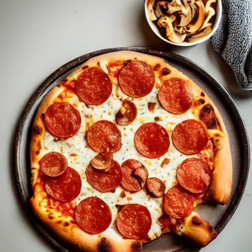 Image similar to A delicious plate of pizza, pepperoni, mushrooms, food photography, michilin star