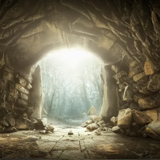 Prompt: the inside of a stone dungeon looking outwards to a beautiful forest as a stone blast door slides shut, matte painting, 4 k