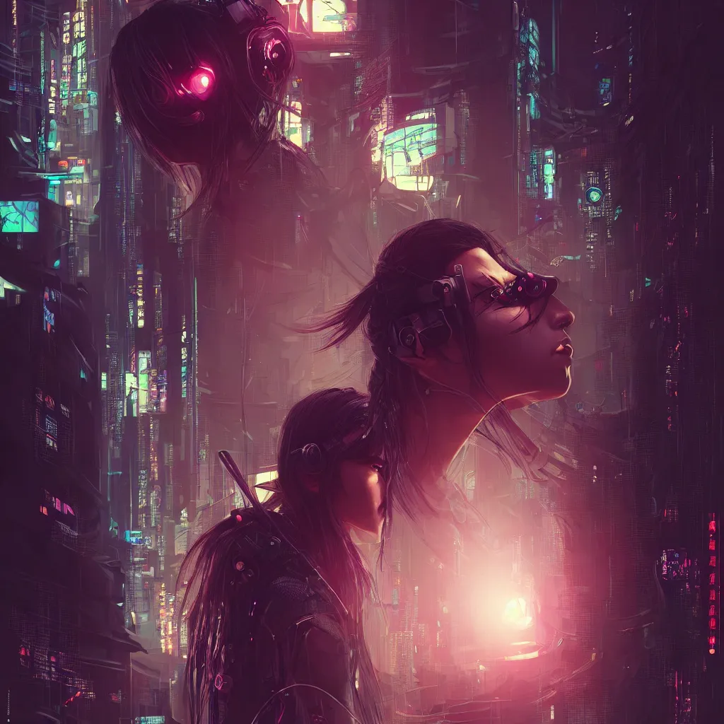 Image similar to portrait of a female cyberpunk hacker samurai in neotokyo at night, futuristic cyberpunk tokyo night, sci - fi and fantasy, intricate and very beautiful, highly detailed, digital painting, artstation, concept art, smooth and sharp focus, illustration, art by tian zi and wlop and alphonse mucha