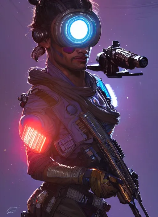 Image similar to portrait of apex legends deadshot, intricate, elegant, glowing lights, highly detailed, digital painting, artstation, glamor pose, concept art, smooth, sharp focus, illustration, art by artgerm and greg rutkowski, artey freytag