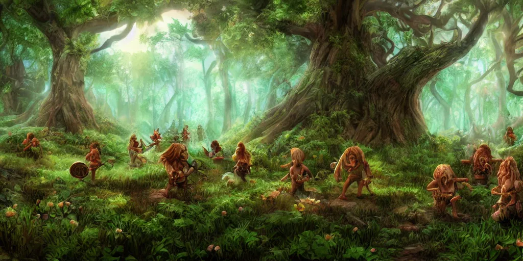 Image similar to forest biome full of dwarves and fairies, fantasy apocalypse, digital art, 4 k