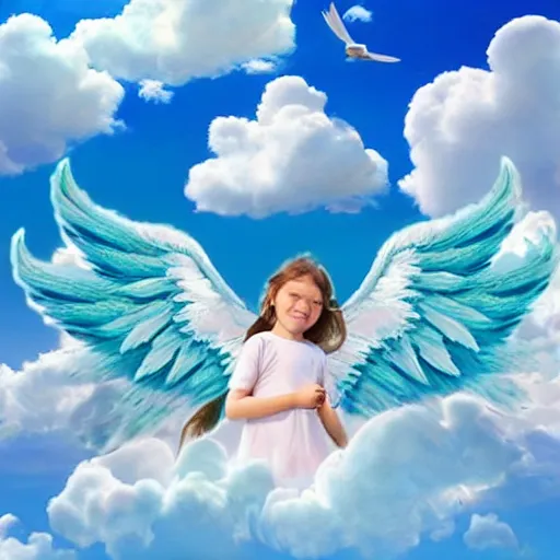 Image similar to bright blu sky. fluffy clouds. angels with big wings wake - up