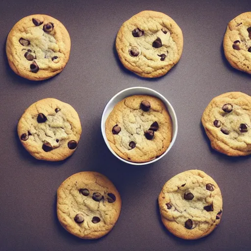 Image similar to cookies [ within bowl ]!!! resting on table, trending on artstation, cgsociety, [ overhead view ]!!, 4 k quality, intricately defined, professional photography, complexly detailed, polycount