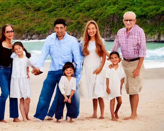 Image similar to happy father, mother, son, daughter, pose portrait on beach, realistic faces