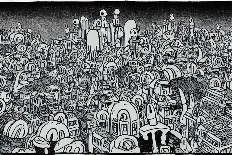 Image similar to mushroom cloud ghost city in the style of studio ghibli, miyazaki, jim woodring, edvard munch