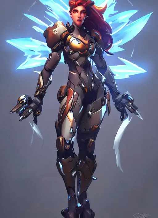 Image similar to poster!! beautiful new female character for overwatch, character concept art, action pose, illustration, full body armor, steel plating, huge weapon, super powers, athletic, long red hair, symmetry, intricate design, shiny, highly detailed, hd, dramatic lighting, art by artgerm and greg rutkowski