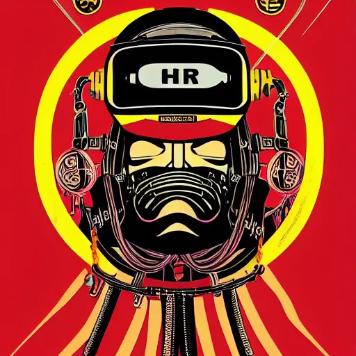 Image similar to !dream Illustrated by Shepard Fairey and H.R. Geiger | Cyberpunk Soviet Samurai with VR helmet, surrounded by cables