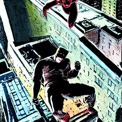 Prompt: Daredevil falling off a NYC rooftop,shot from below,art by Bill Sienkiewicz,highly detailed