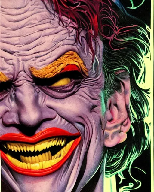 Image similar to christopher lloyd as the joker, big smile, grotesque, horror, high details, intricate details, by vincent di fate, artgerm julie bell beeple, 1 9 8 0 s, inking, vintage 8 0 s print, screen print