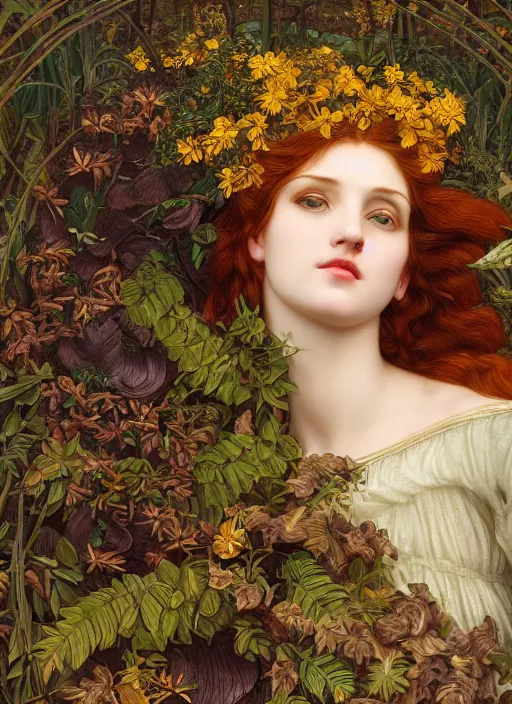 Image similar to masterpiece beautiful seductive flowing curves preraphaelite face portrait amongst leaves, extreme close up shot, straight bangs, thick set features, yellow ochre ornate medieval dress, magpie, amongst foliage mushroom forest circle arch framing, kilian eng and frederic leighton and rosetti, 4 k