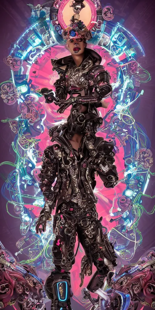 Image similar to full-body rococo and cyberpunk style sculpture of a young seductive Latino prince half android with a chest exposing circuitry, glowing pink seductive laser eyes, crown of blue gears and diamonds, swirling salmon-colored silk fabric, robotic raptors dinosaurs. baroque elements. full-length view. intricate artwork by caravaggio. art by Artgerm and Greg Rutkowski and Alphonse Mucha, Trending on artstation, cinematic industrial lighting, hyper realism, octane render, 8k, depth of field, 3D