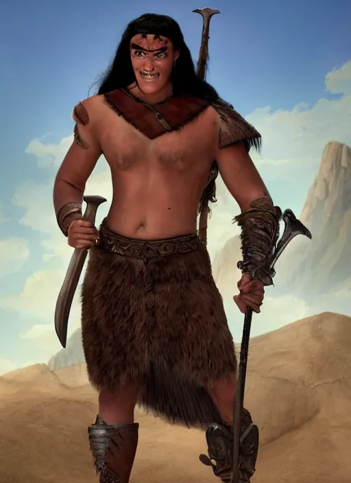 Prompt: teenage conan the barbarian leans on his sword. smirking arrogantly at a vulture. desert background. digital art. animated feature. 3 d animation. in the style of pixar, jeff pidgeon, glenn mcqueen, and tony fucile.